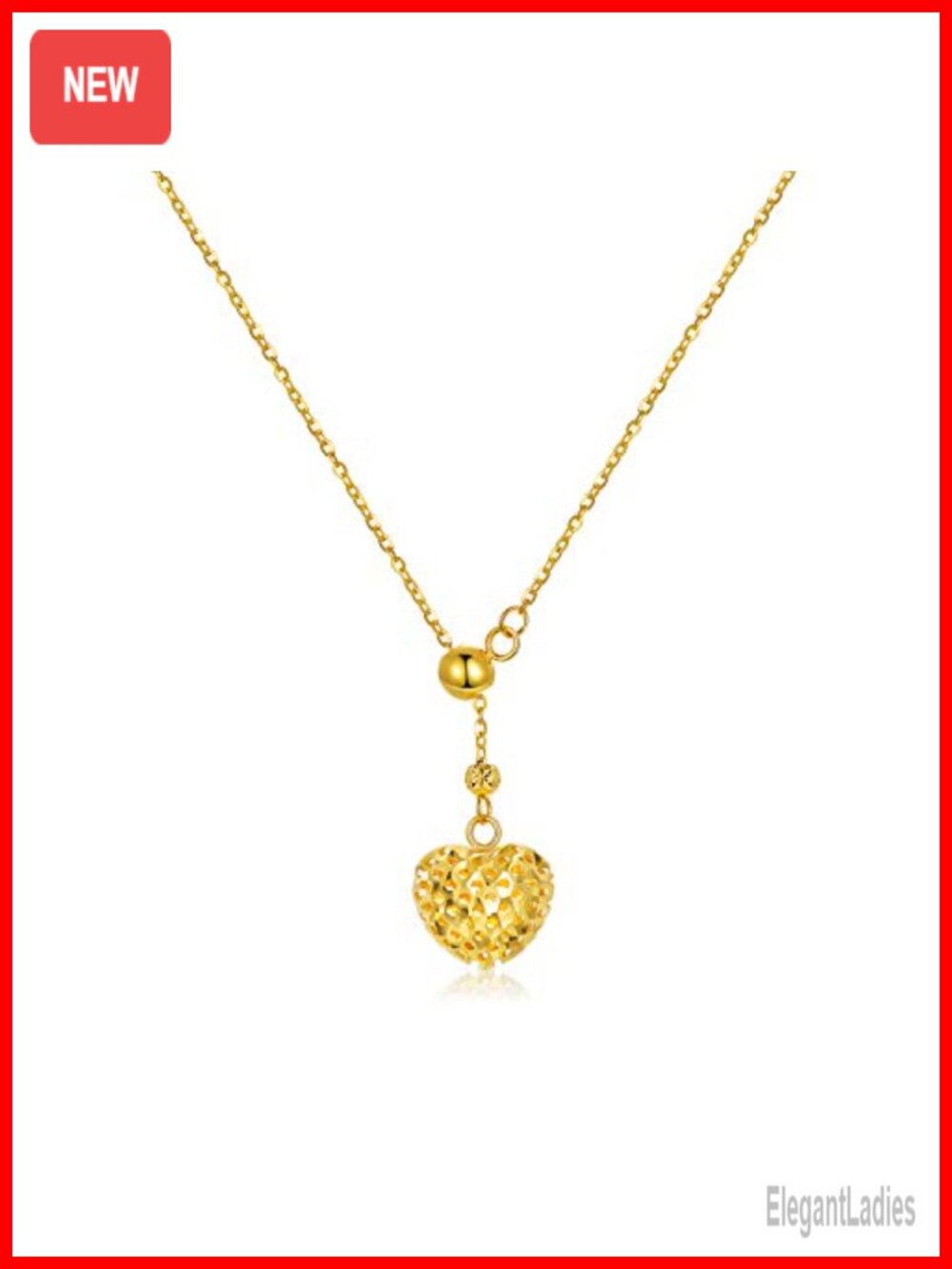 18K Real Gold Heart Necklace Adjustable Y-Chain 18in